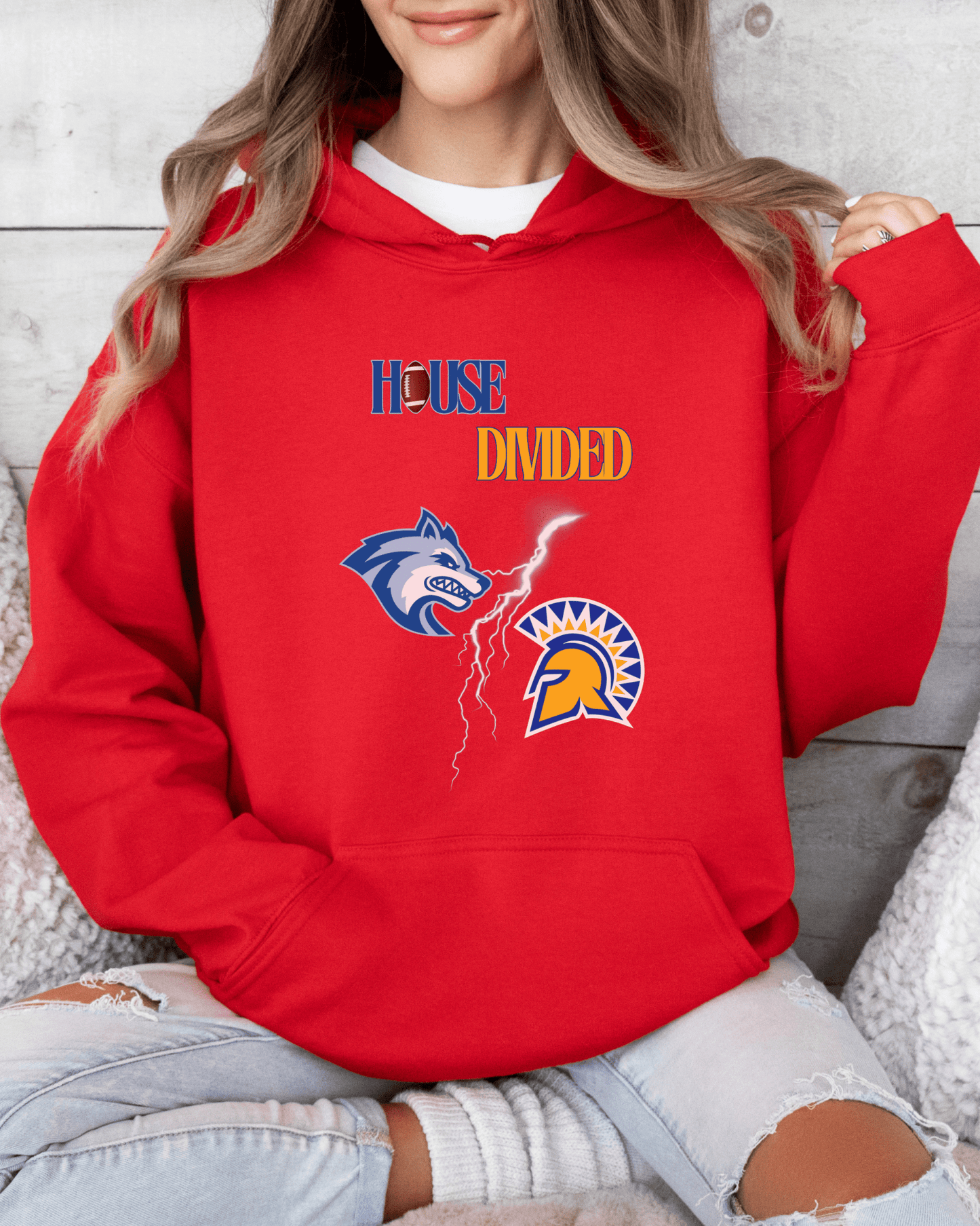 House Divided Lightning Bolt Football Hooded Sweatshirt - Tailgate Vibes