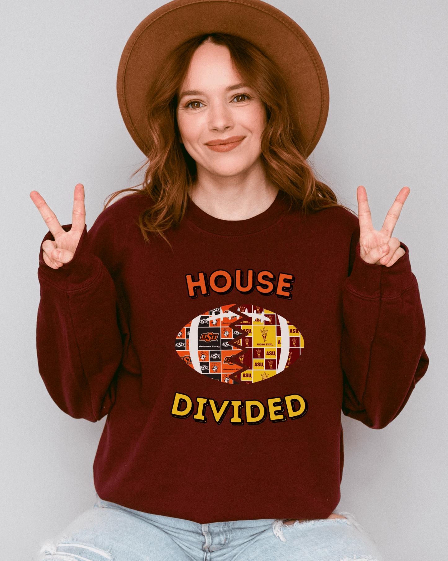 Split Football Prints House Divided Crewneck Sweatshirt - Tailgate Vibes