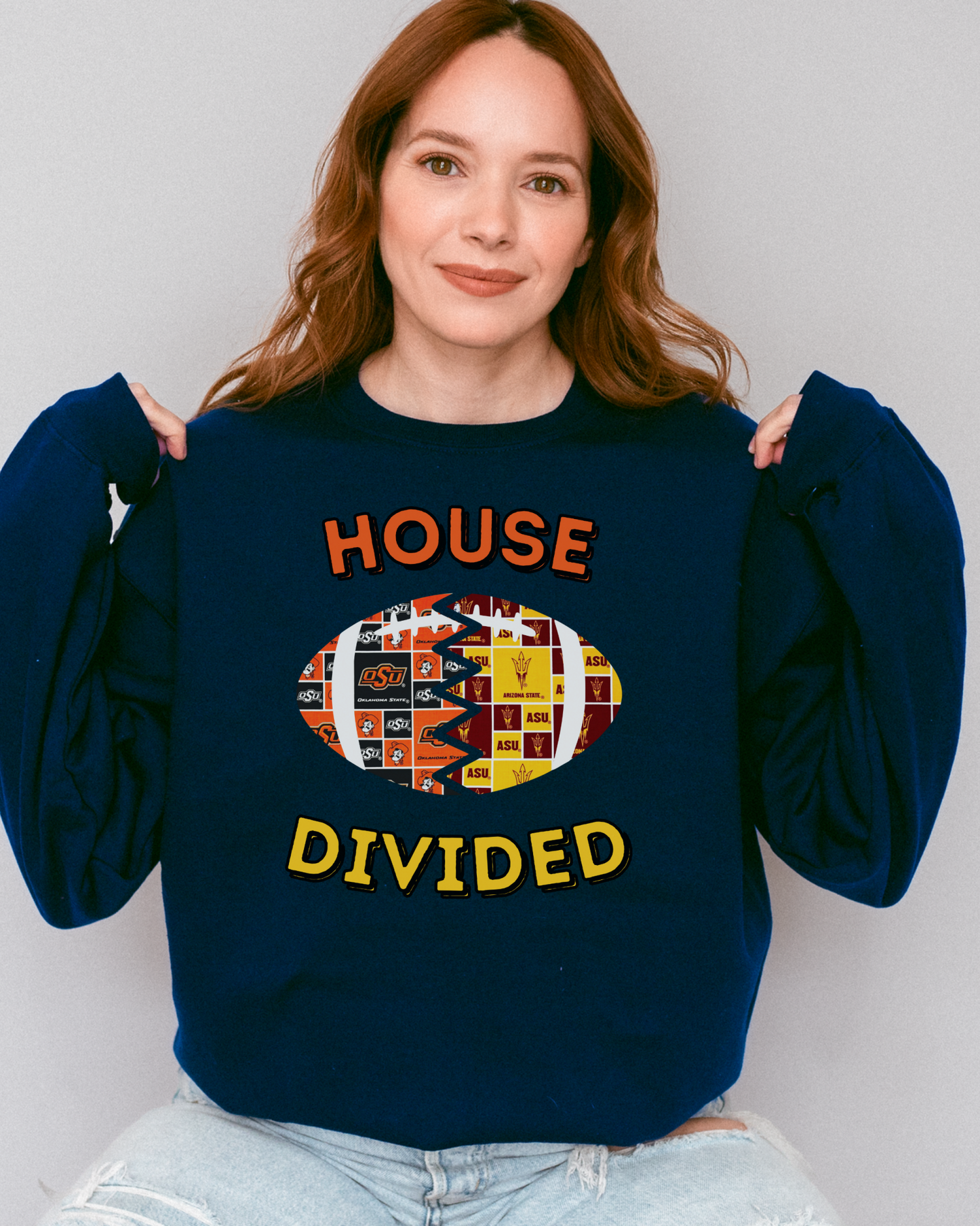 Split Football Prints House Divided Crewneck Sweatshirt - Tailgate Vibes