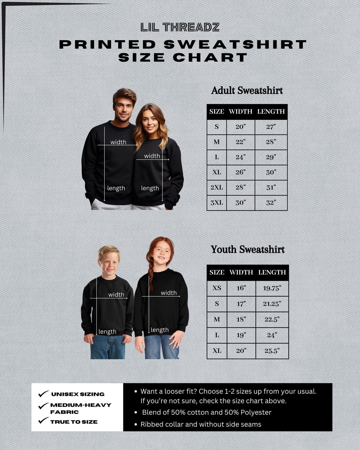 a man and a woman wearing sweatshirts with measurements