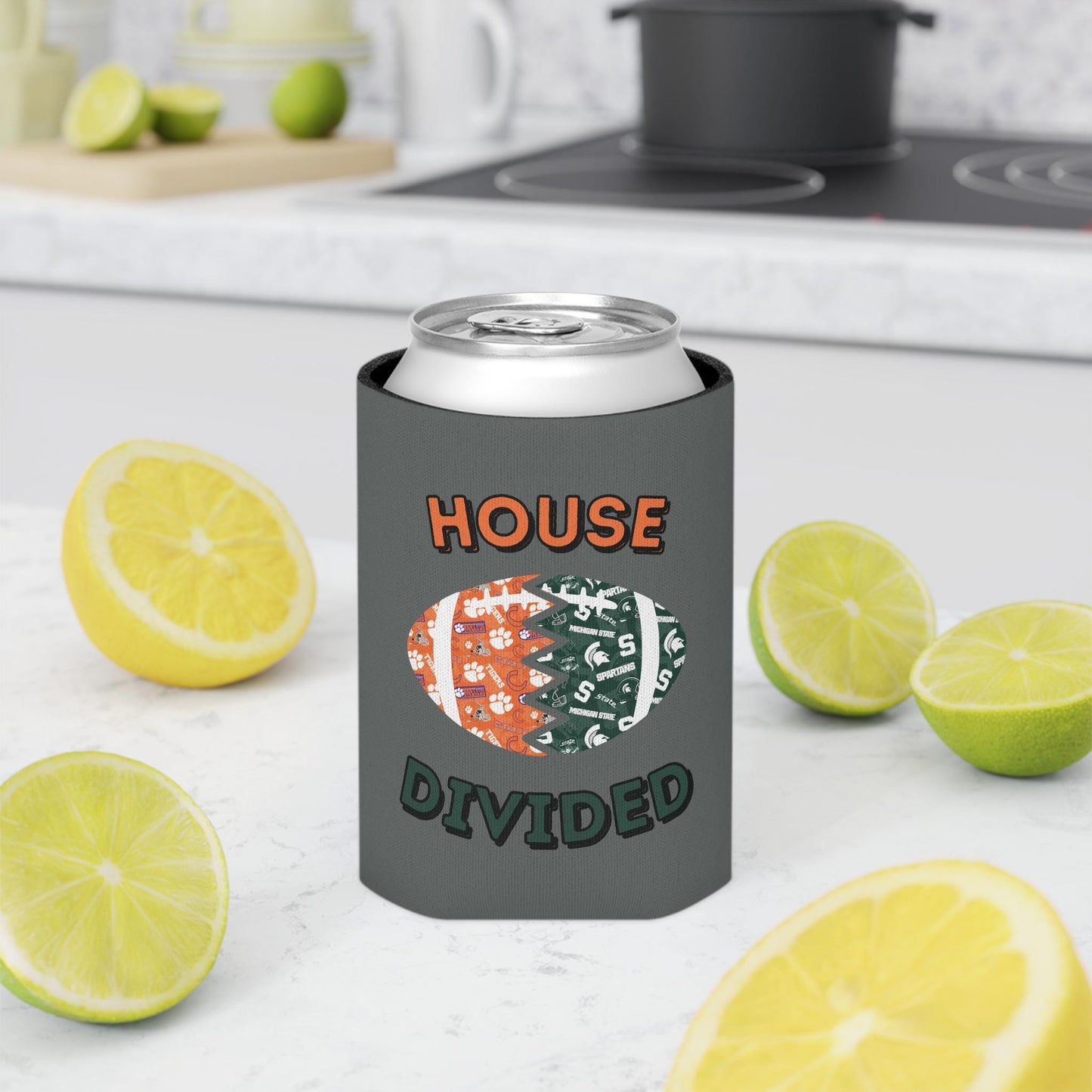 Split Football Prints House Divided Can Cooler