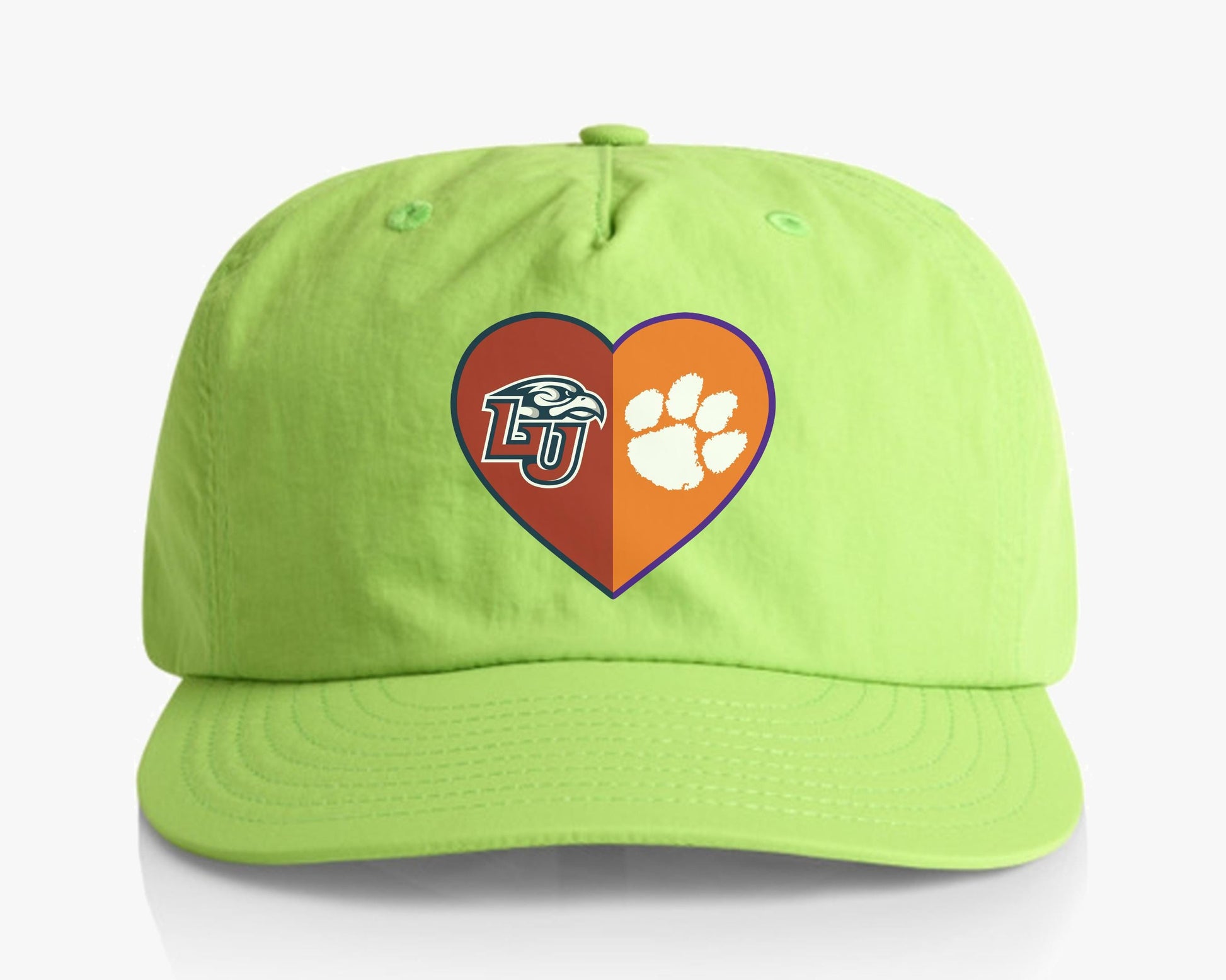 a neon green hat with an orange heart and paw print