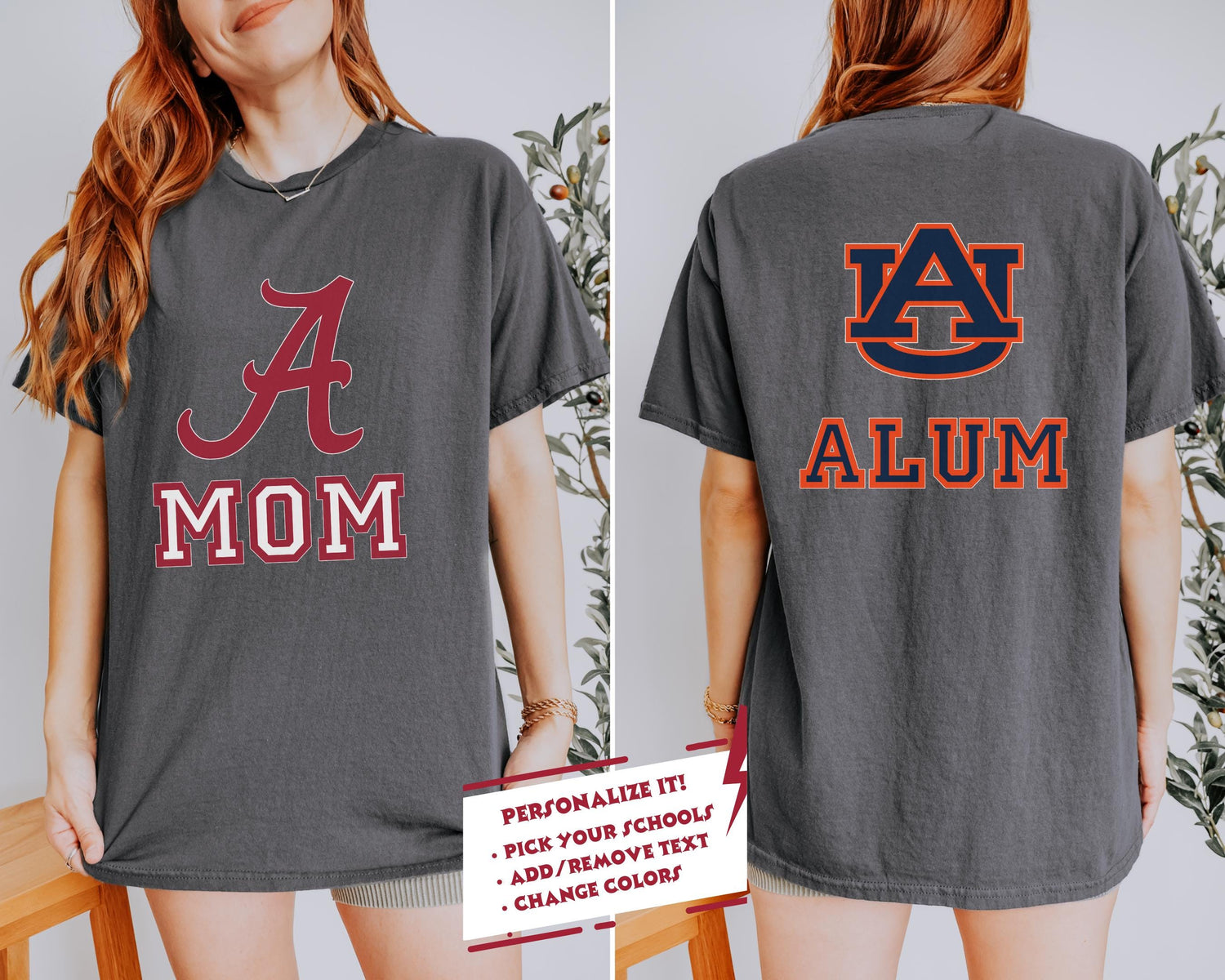 two pictures of a woman wearing a t - shirt with the word auburn on it