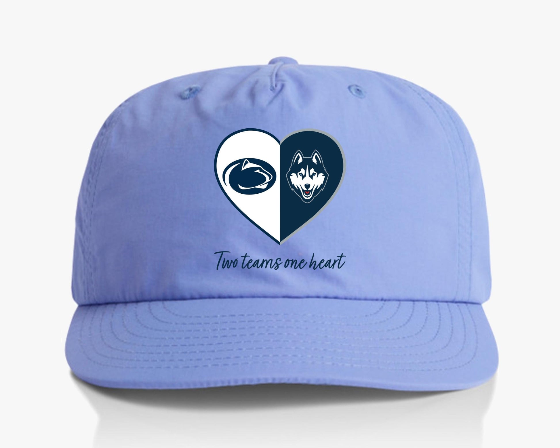 a light blue hat with a graphic of a dog and a heart