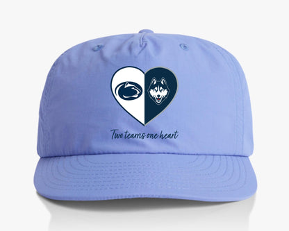 a light blue hat with a graphic of a dog and a heart