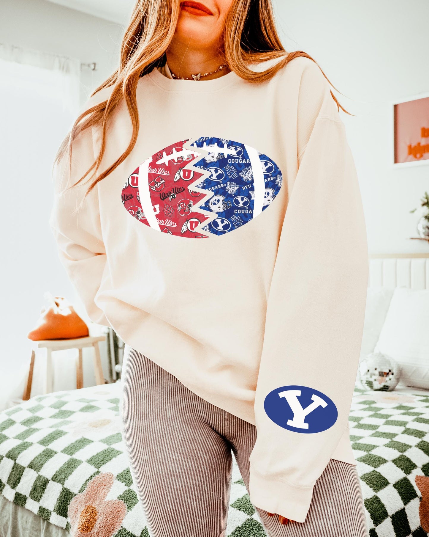 Split Football Prints With Logo Sleeves Crewneck Sweatshirt