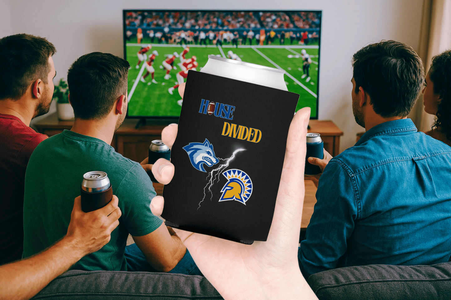 House Divided Lightning Bolt Football Can Coolers - Tailgate Vibes