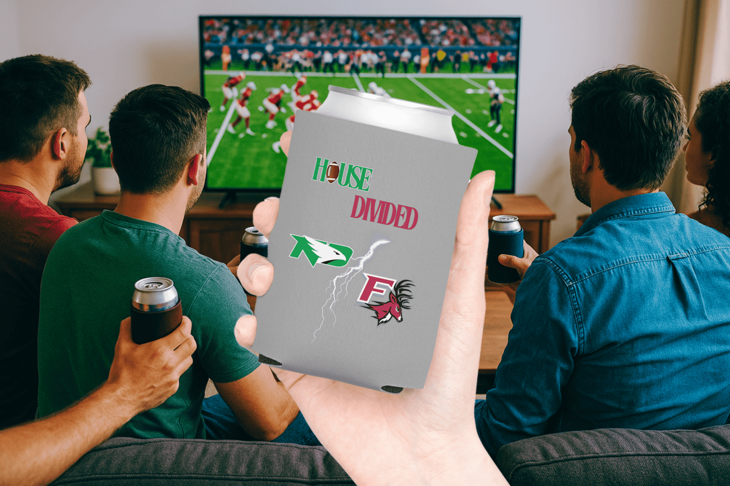 House Divided Lightning Bolt Football Can Coolers - Tailgate Vibes