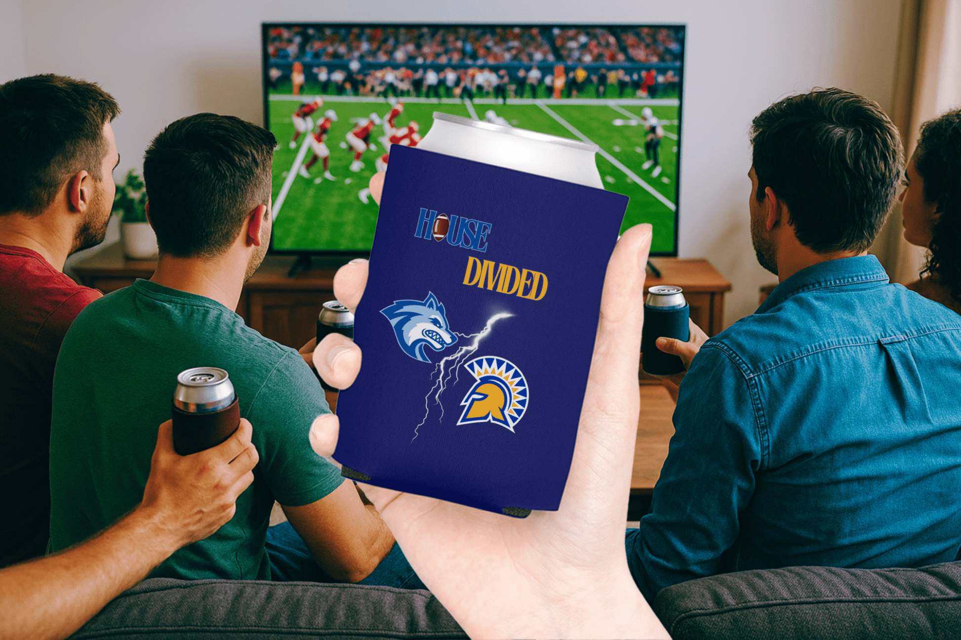 House Divided Lightning Bolt Football Can Coolers - Tailgate Vibes