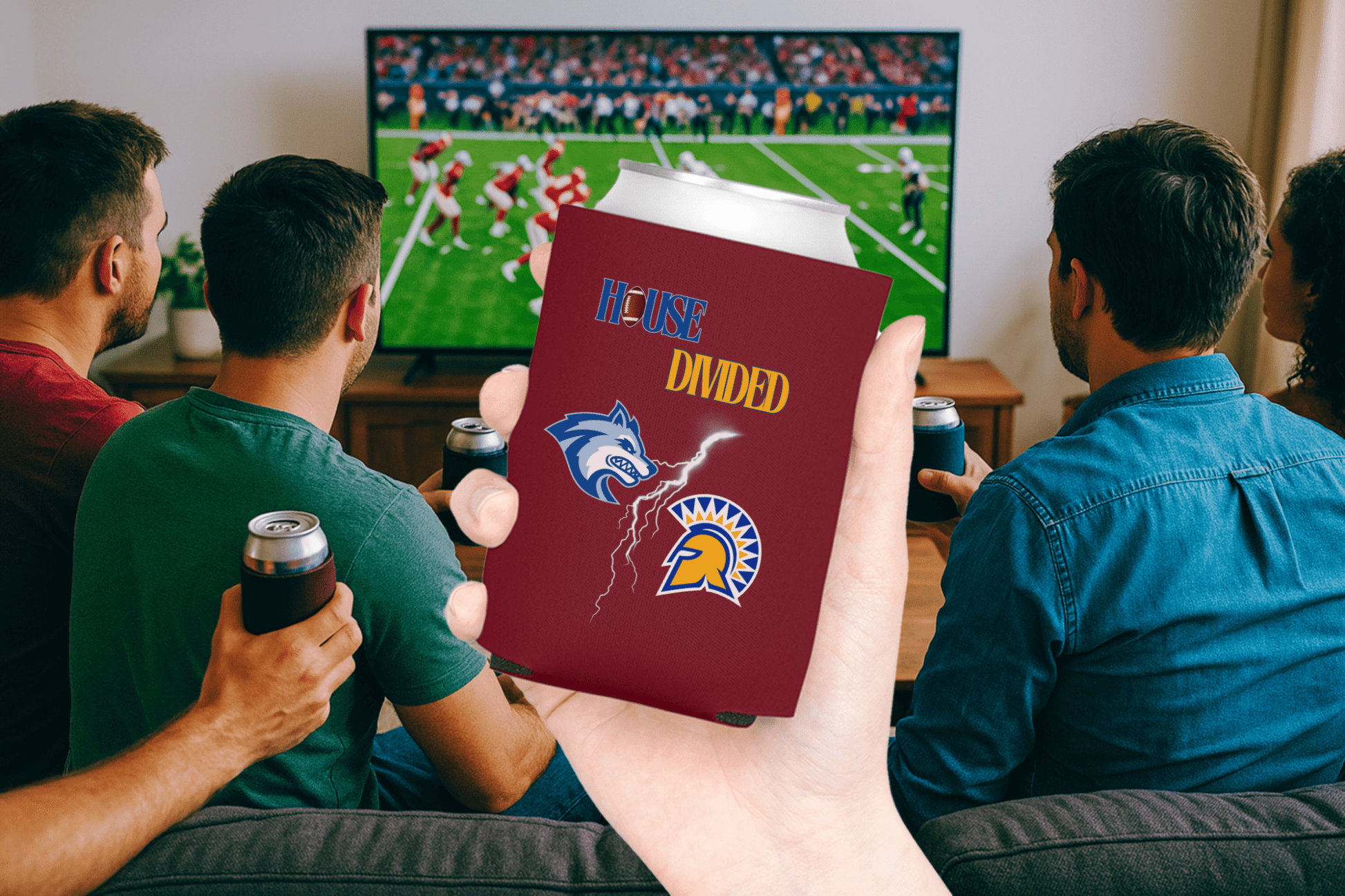 House Divided Lightning Bolt Football Can Coolers - Tailgate Vibes