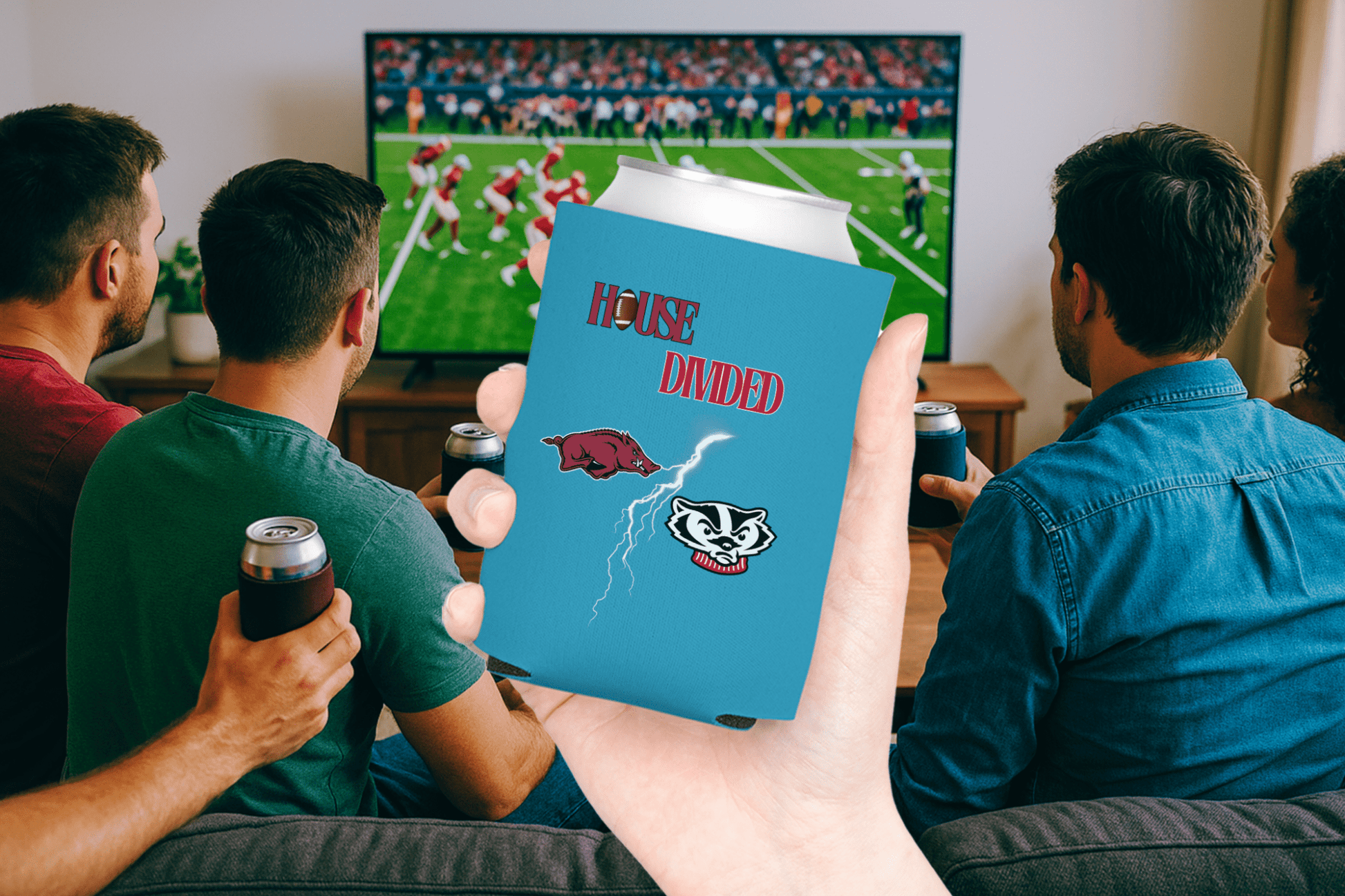 House Divided Lightning Bolt Football Can Coolers - Tailgate Vibes