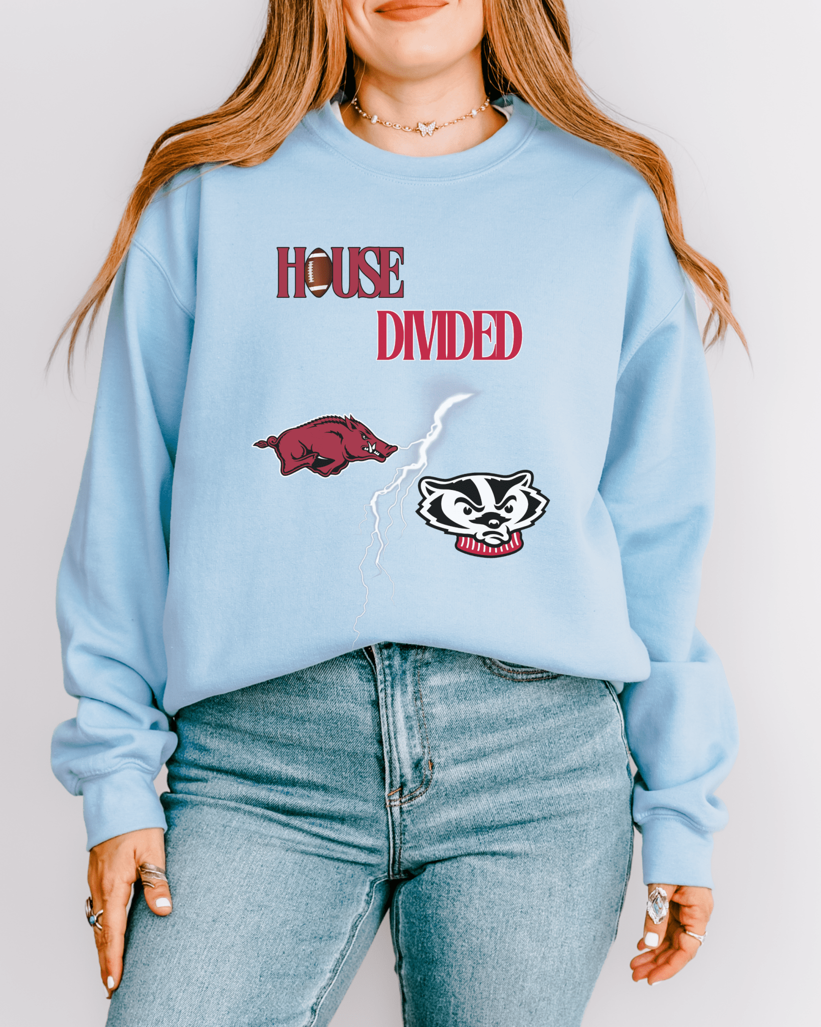 House Divided Lightning Bolt Football Crewneck Sweatshirt - Tailgate Vibes