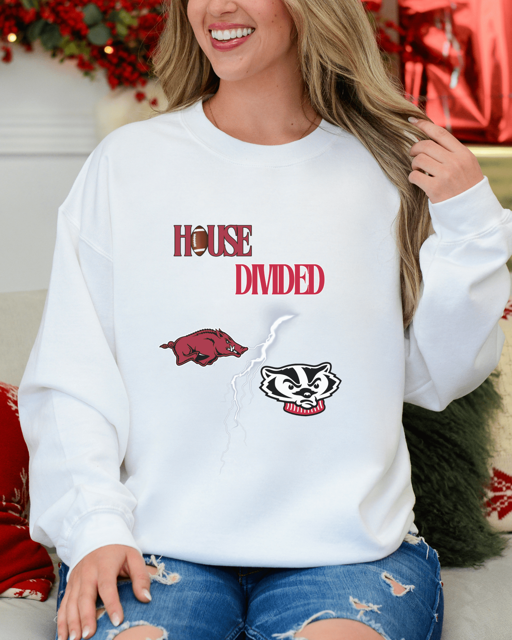 House Divided Lightning Bolt Football Crewneck Sweatshirt - Tailgate Vibes