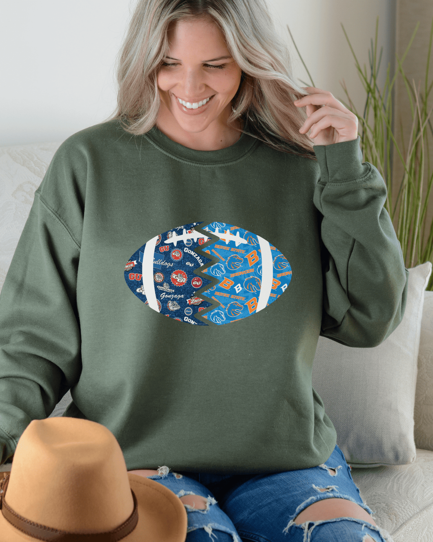 Split Football Prints Crewneck Sweatshirt - Tailgate Vibes