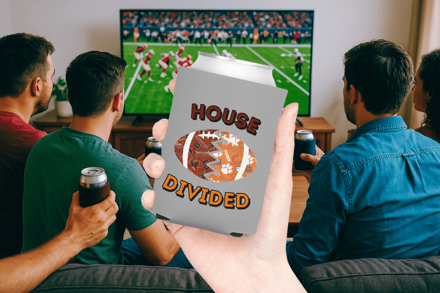 Split Football Prints House Divided Can Cooler - Tailgate Vibes