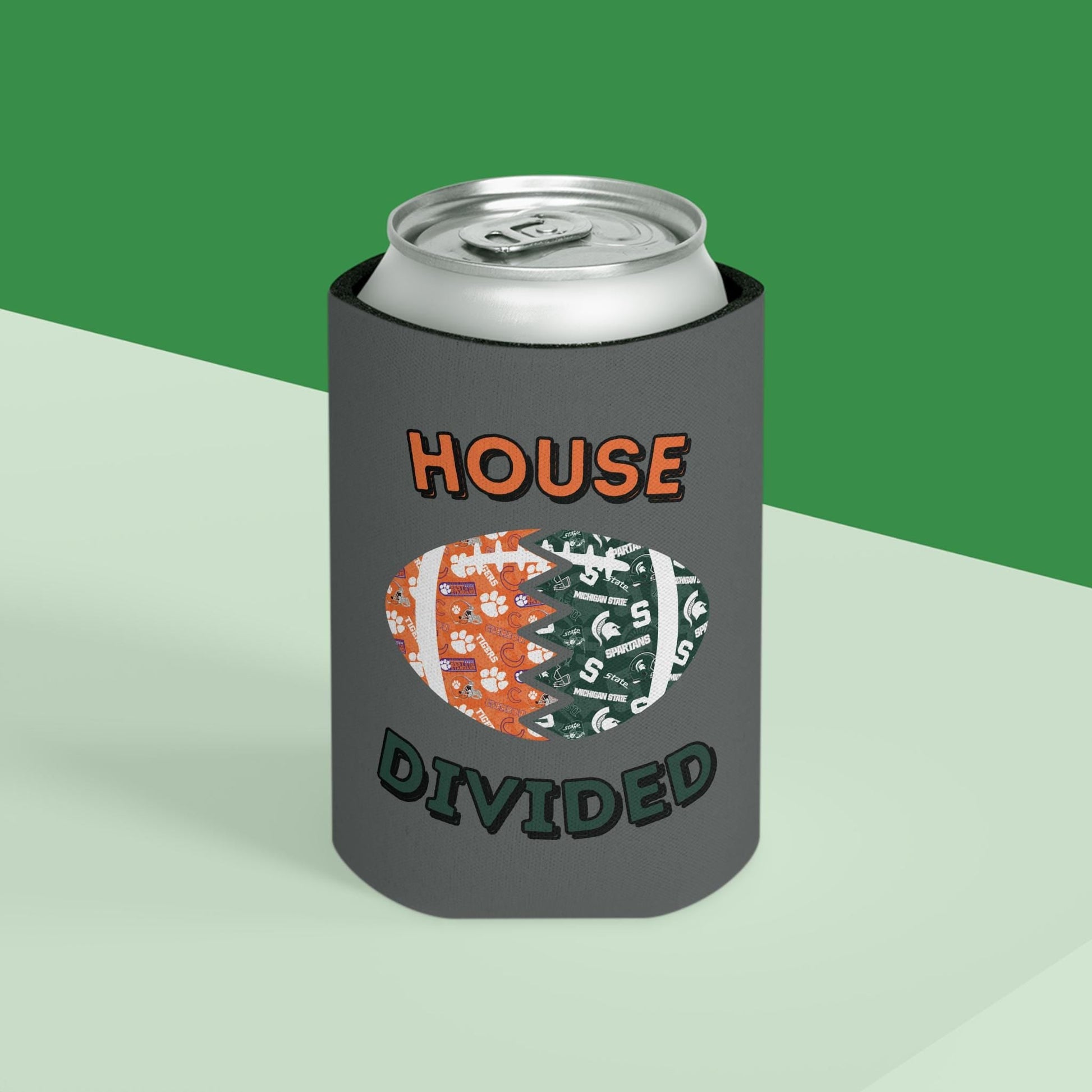 Split Football Prints House Divided Can Cooler - Tailgate Vibes