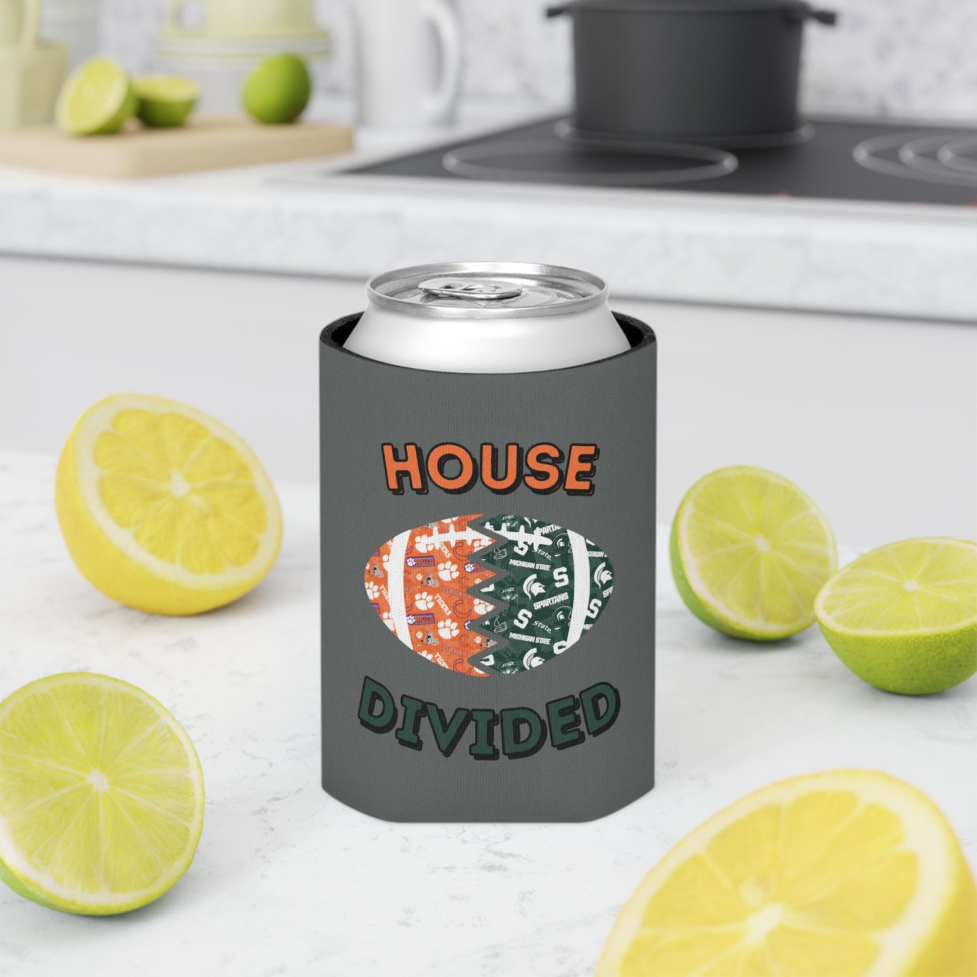 Split Football Prints House Divided Can Cooler - Tailgate Vibes