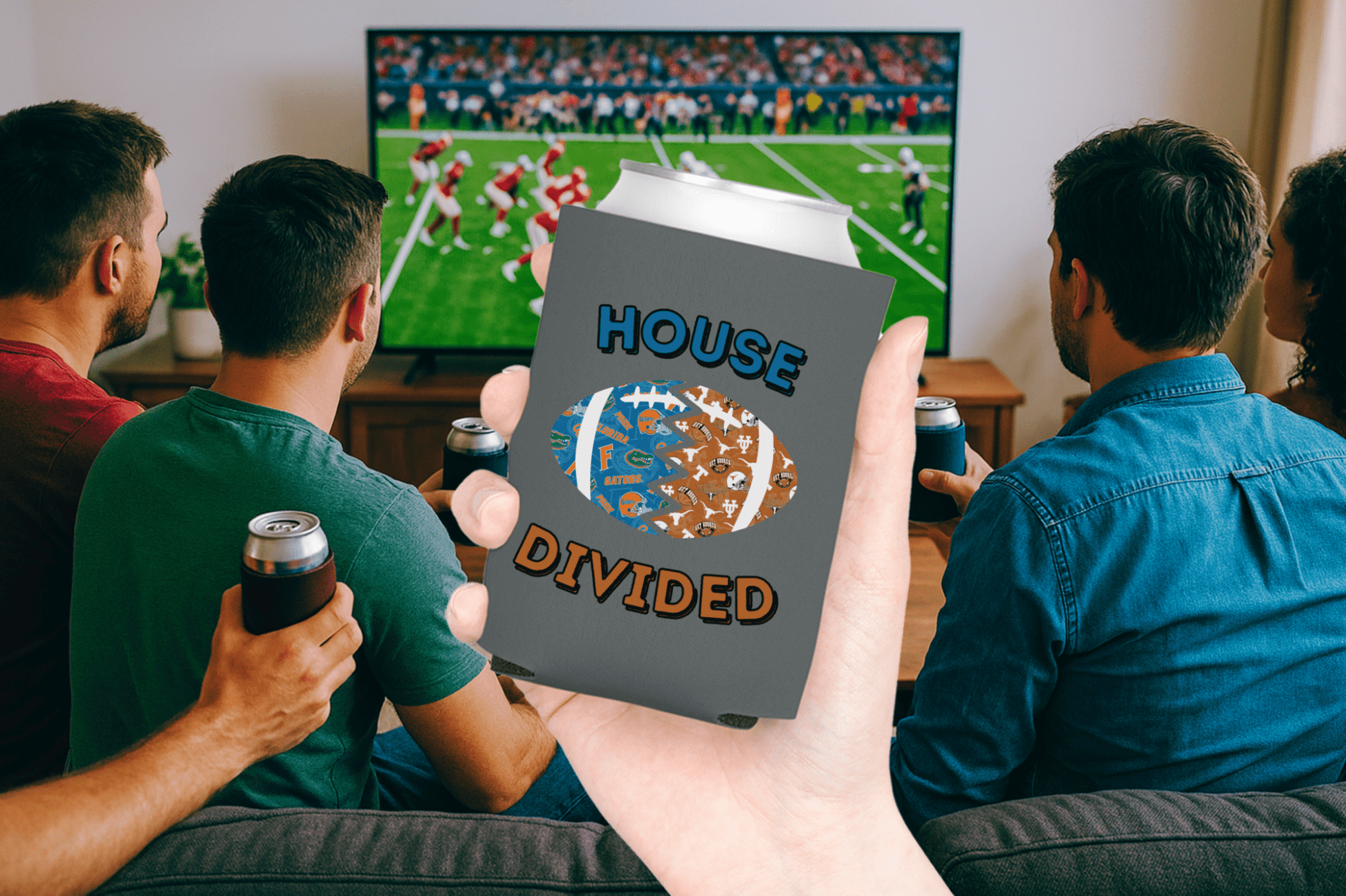 Split Football Prints House Divided Can Cooler - Tailgate Vibes
