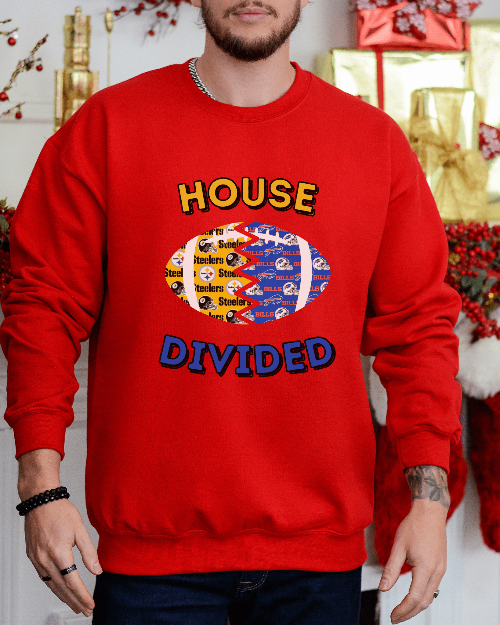 Split Football Prints House Divided Crewneck Sweatshirt - Tailgate Vibes