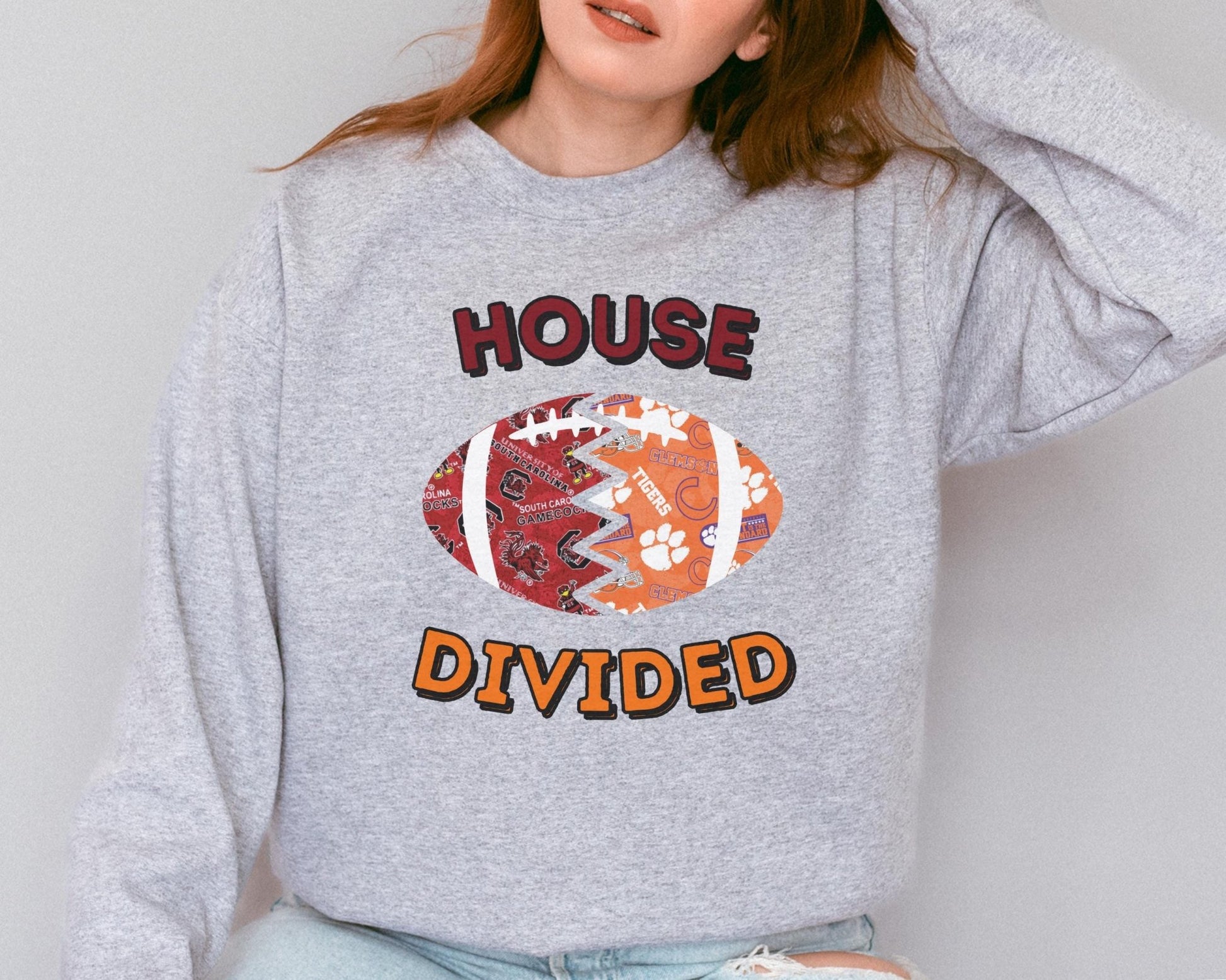 Split Football Prints House Divided Crewneck Sweatshirt - Tailgate Vibes