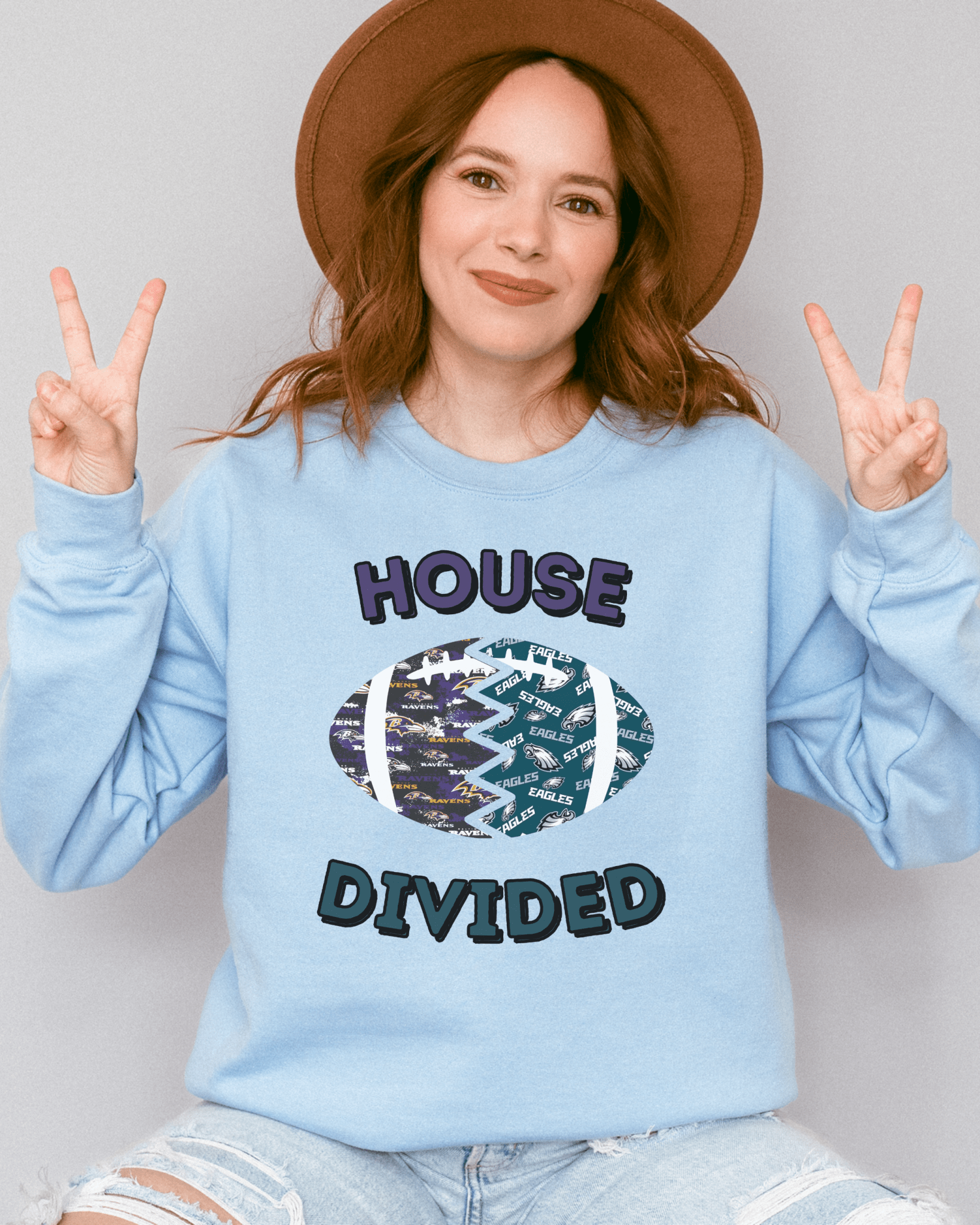 Split Football Prints House Divided Crewneck Sweatshirt - Tailgate Vibes