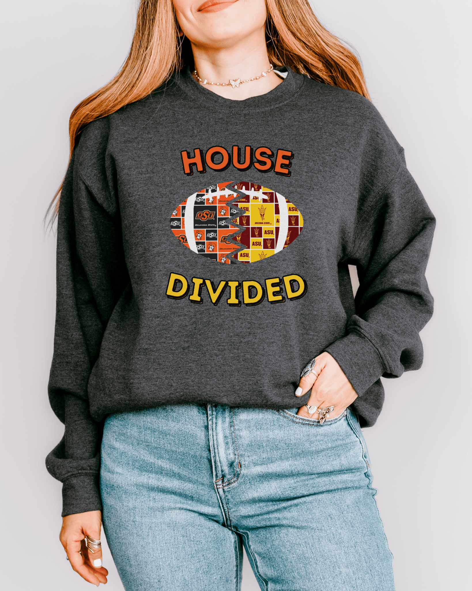 Split Football Prints House Divided Crewneck Sweatshirt - Tailgate Vibes