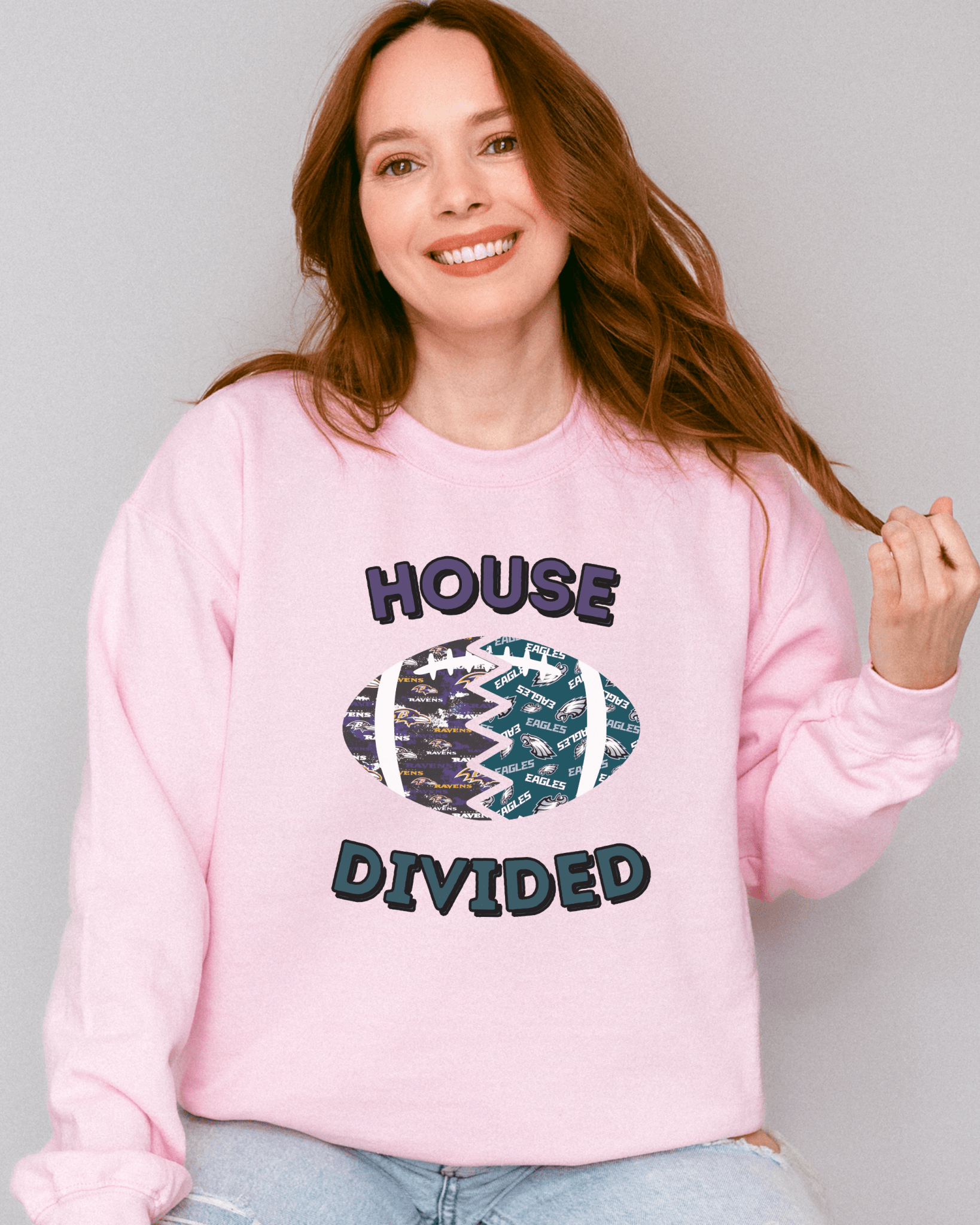 Split Football Prints House Divided Crewneck Sweatshirt - Tailgate Vibes