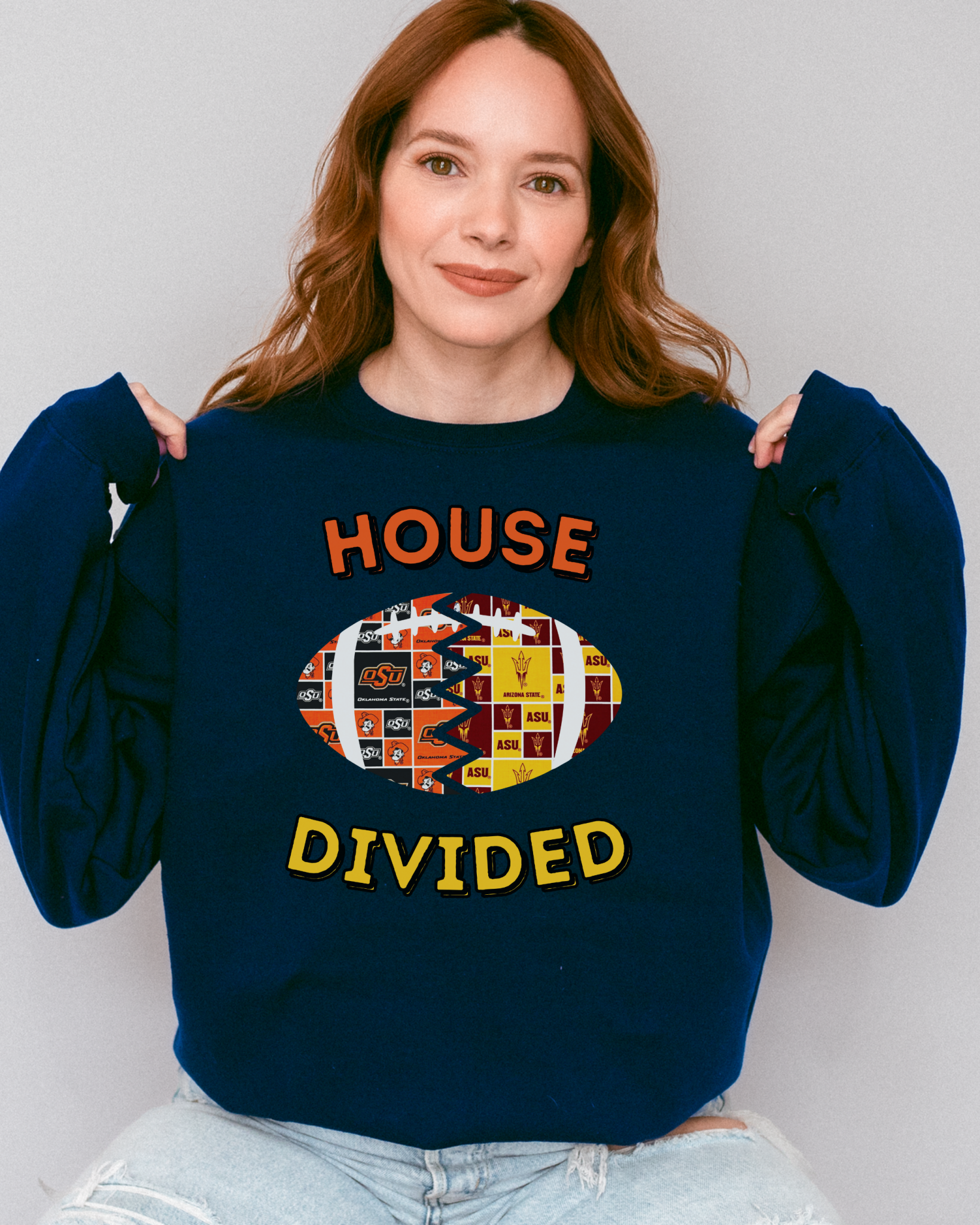 Split Football Prints House Divided Crewneck Sweatshirt - Tailgate Vibes