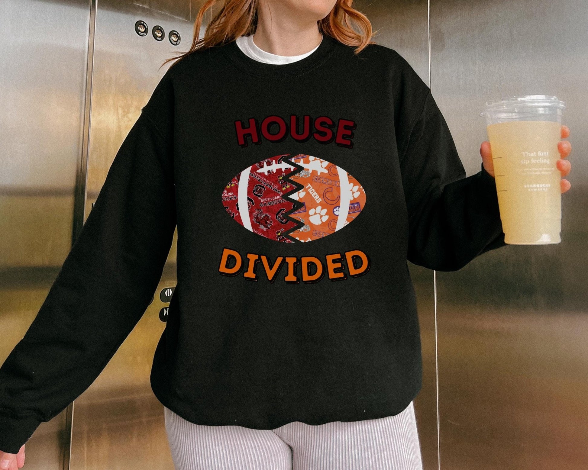 Split Football Prints House Divided Crewneck Sweatshirt - Tailgate Vibes