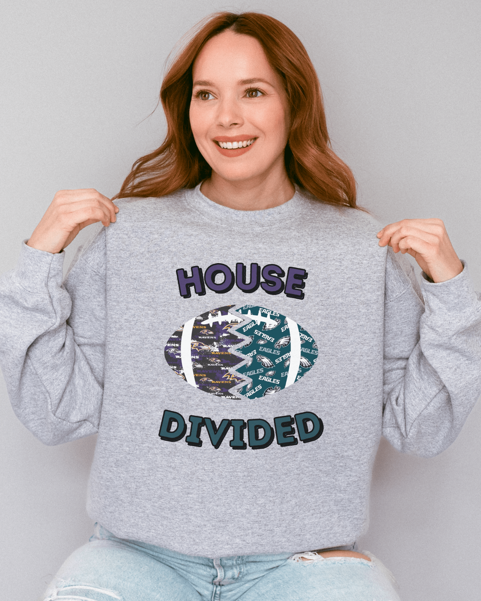 Split Football Prints House Divided Crewneck Sweatshirt - Tailgate Vibes