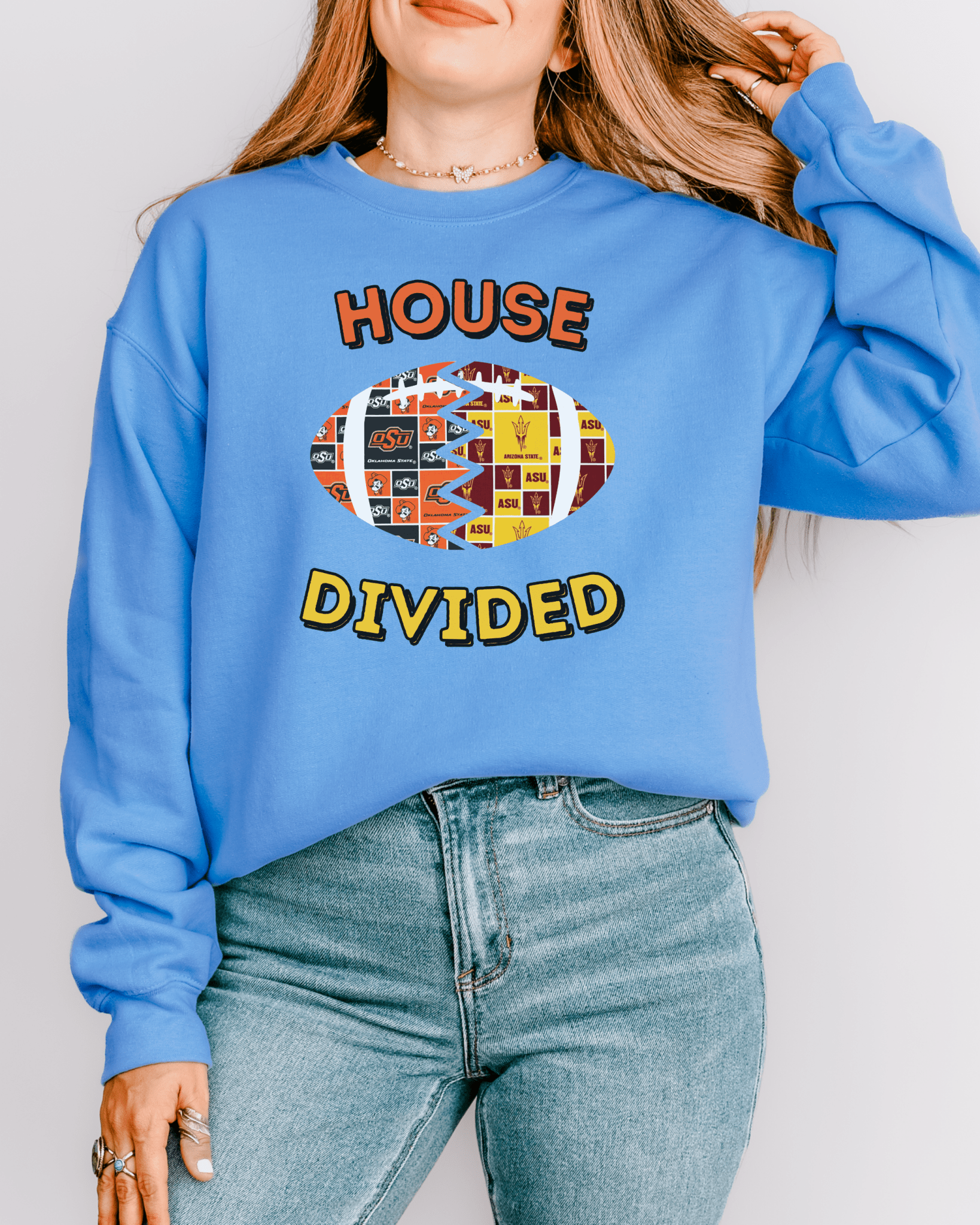 Split Football Prints House Divided Crewneck Sweatshirt - Tailgate Vibes