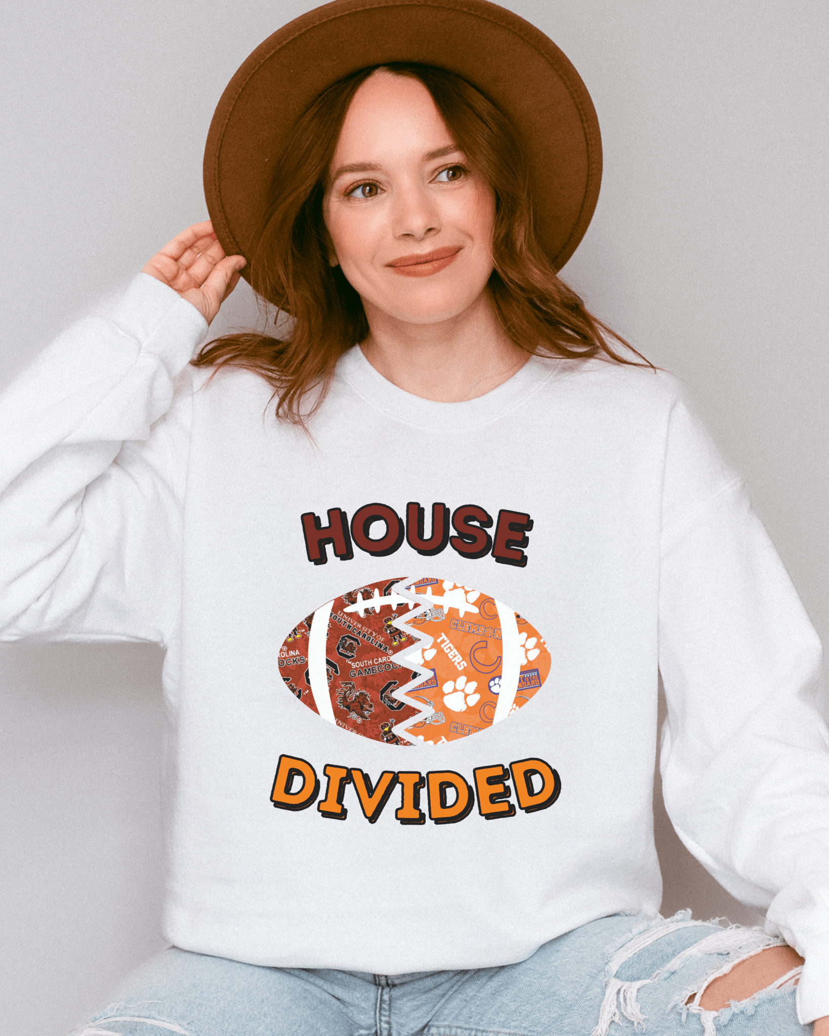Split Football Prints House Divided Crewneck Sweatshirt - Tailgate Vibes