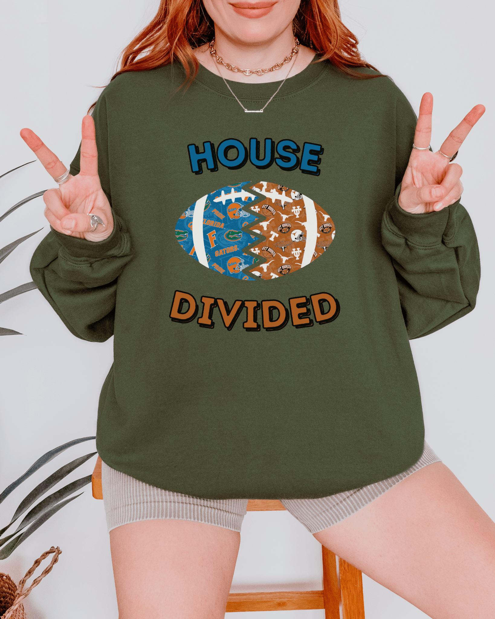 Split Football Prints House Divided Crewneck Sweatshirt - Tailgate Vibes