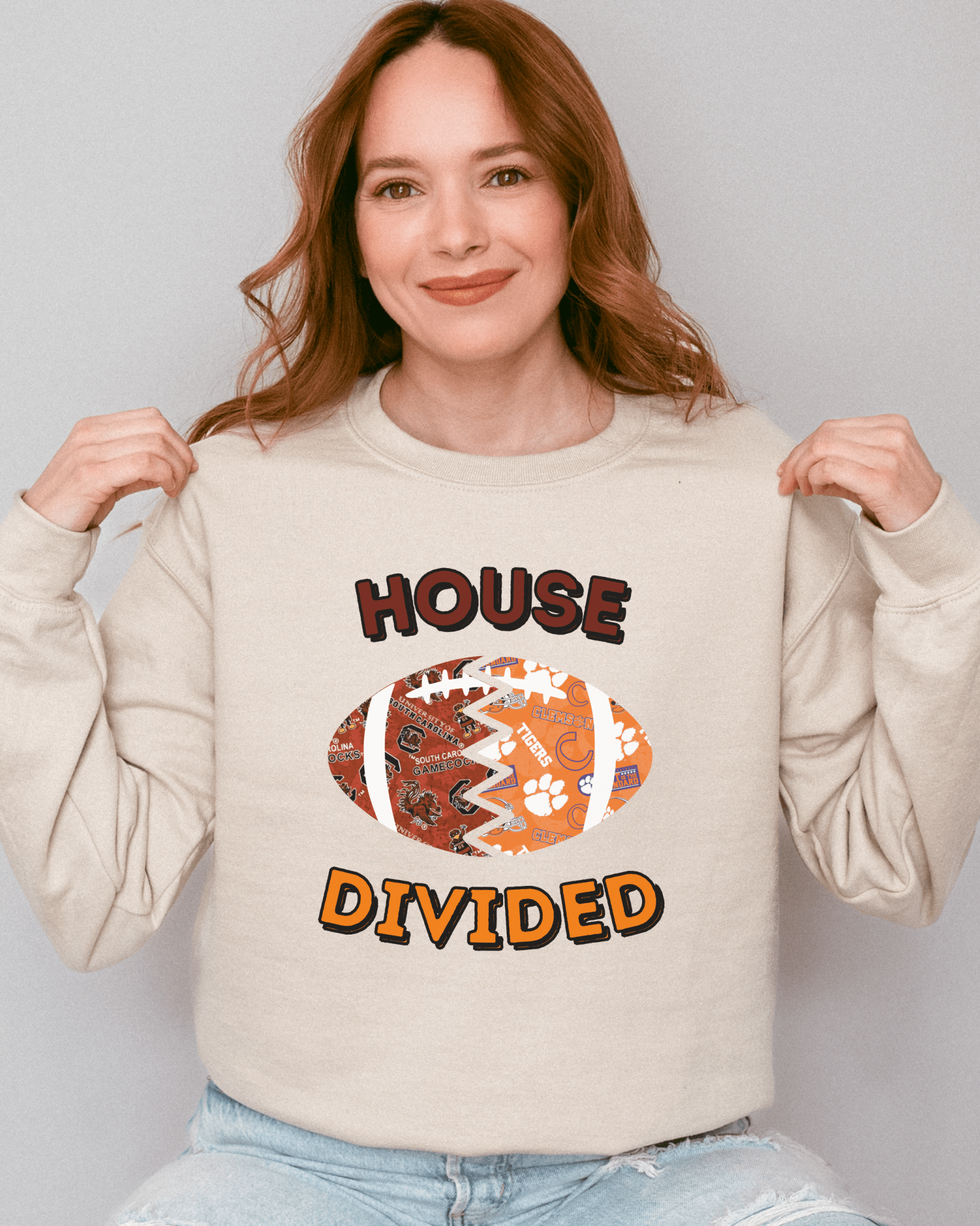 Split Football Prints House Divided Crewneck Sweatshirt - Tailgate Vibes