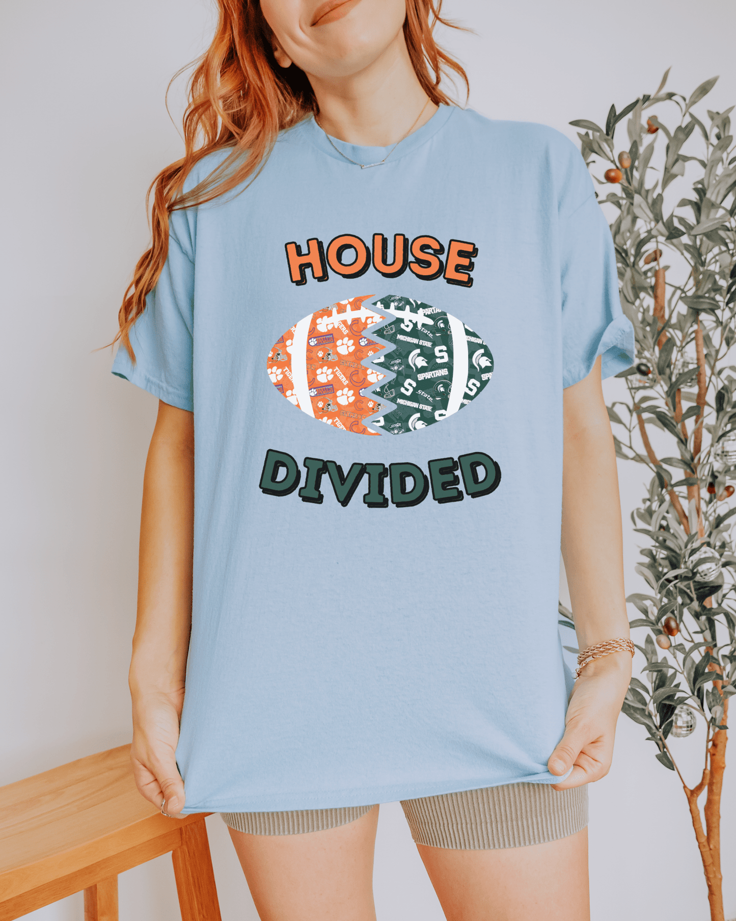 Split Football Prints House Divided T-shirt - Tailgate Vibes