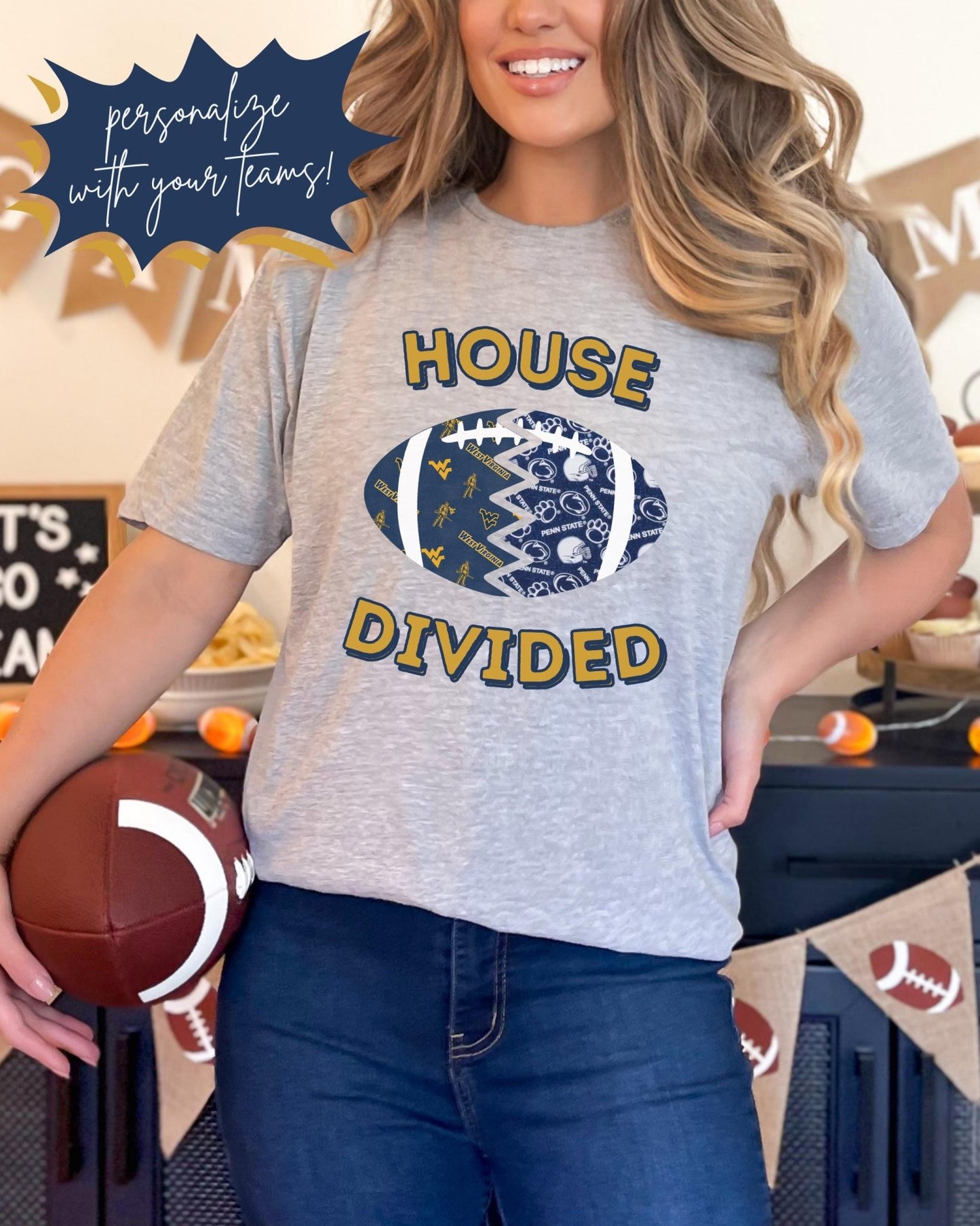 Split Football Prints House Divided T-shirt - Tailgate Vibes