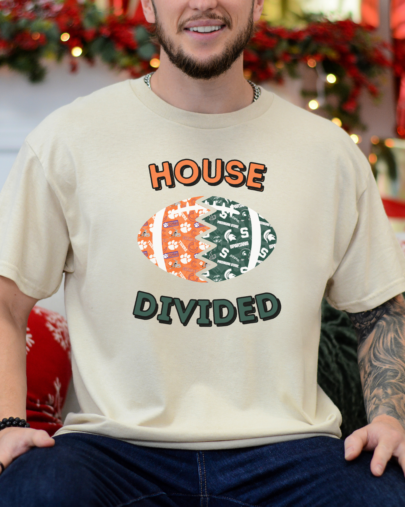 Split Football Prints House Divided T-shirt - Tailgate Vibes
