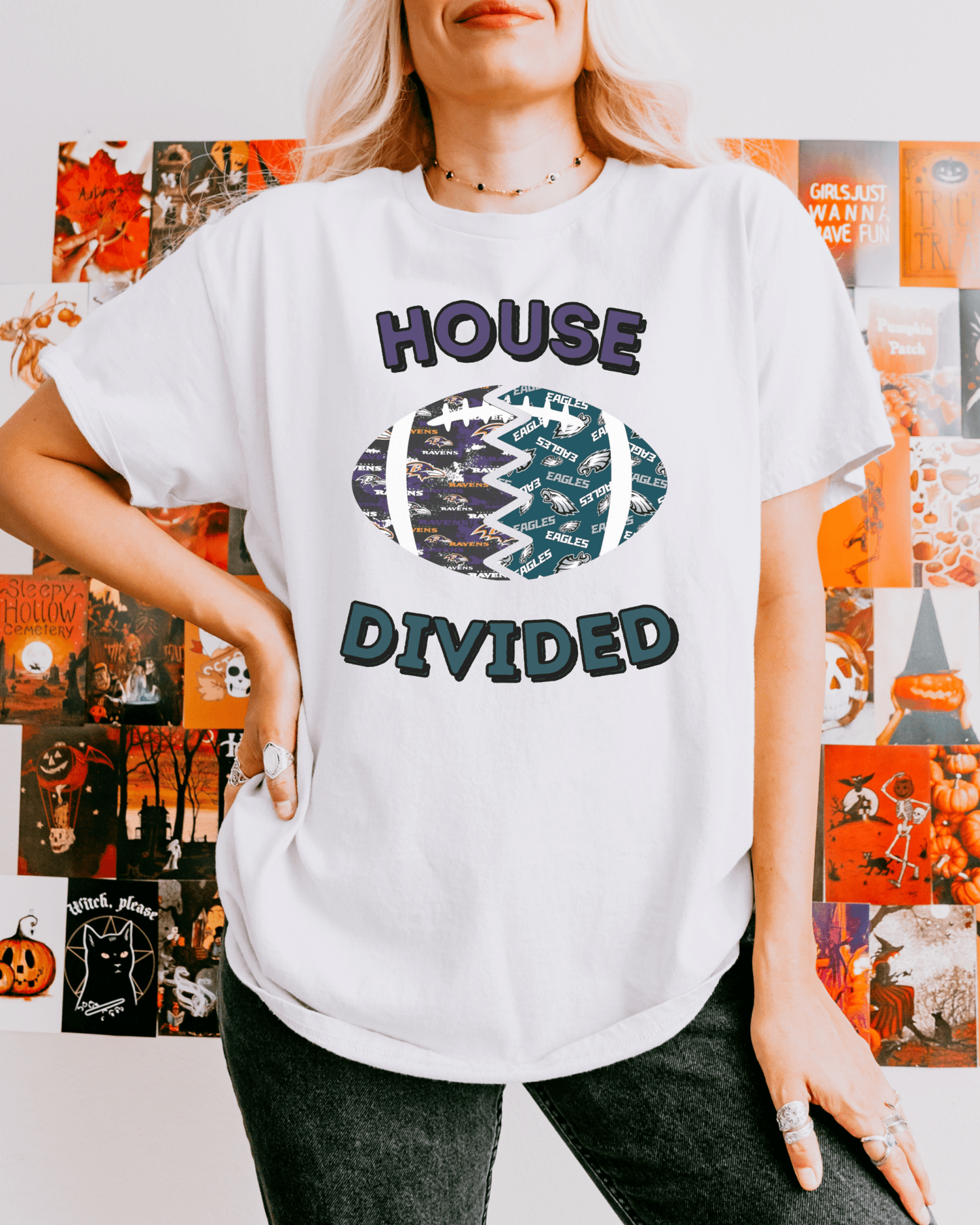Split Football Prints House Divided T-shirt - Tailgate Vibes